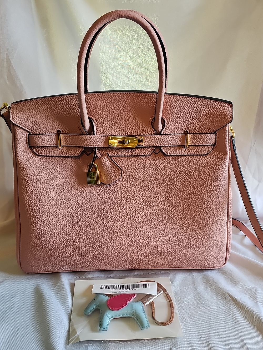 Women’s Pink Leather Tote Wirkin Handbag with Gold Hardware And Ornament